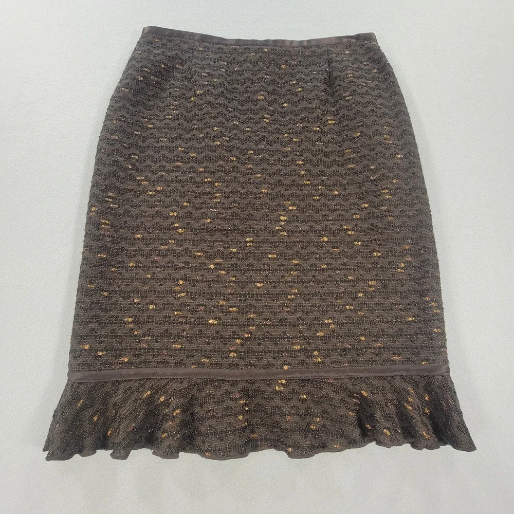 Doncaster Brown Tweed Skirt Suit Metallic Ruffle Silk Trim 2 Piece Women's 10